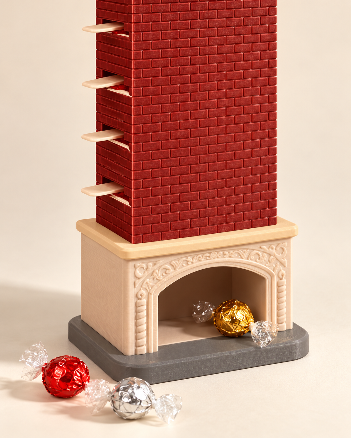 Close view of the chimney brick texture, pull tabs and fireplace candy outlet