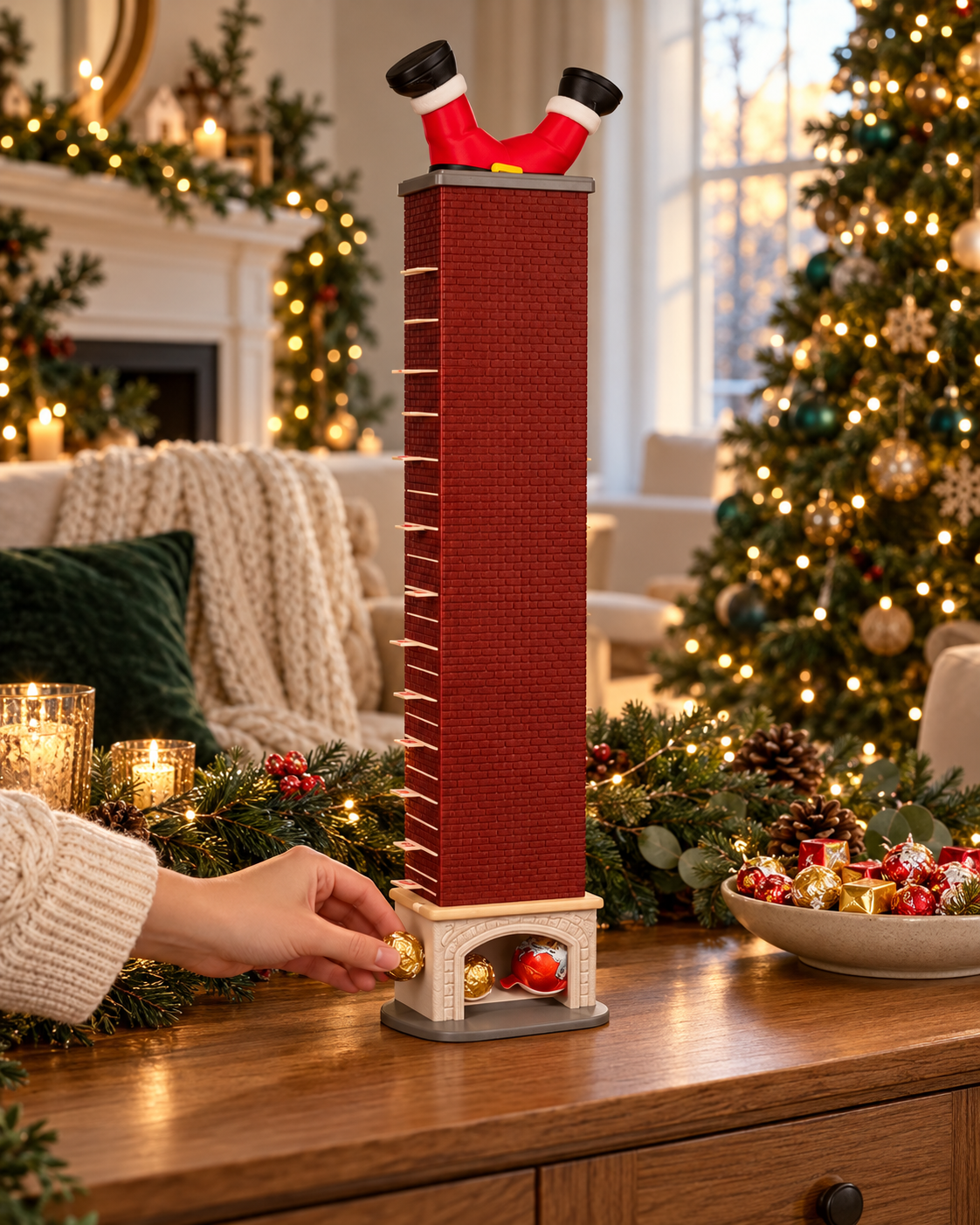 Chimney calendar displayed beside a decorated Christmas tree